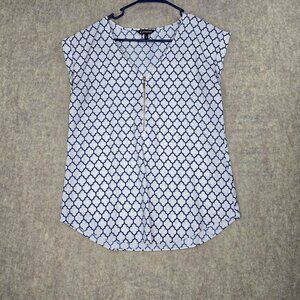Express Womens Blue White Patterned Zipper Front Cap Sleeve Blouse Size M